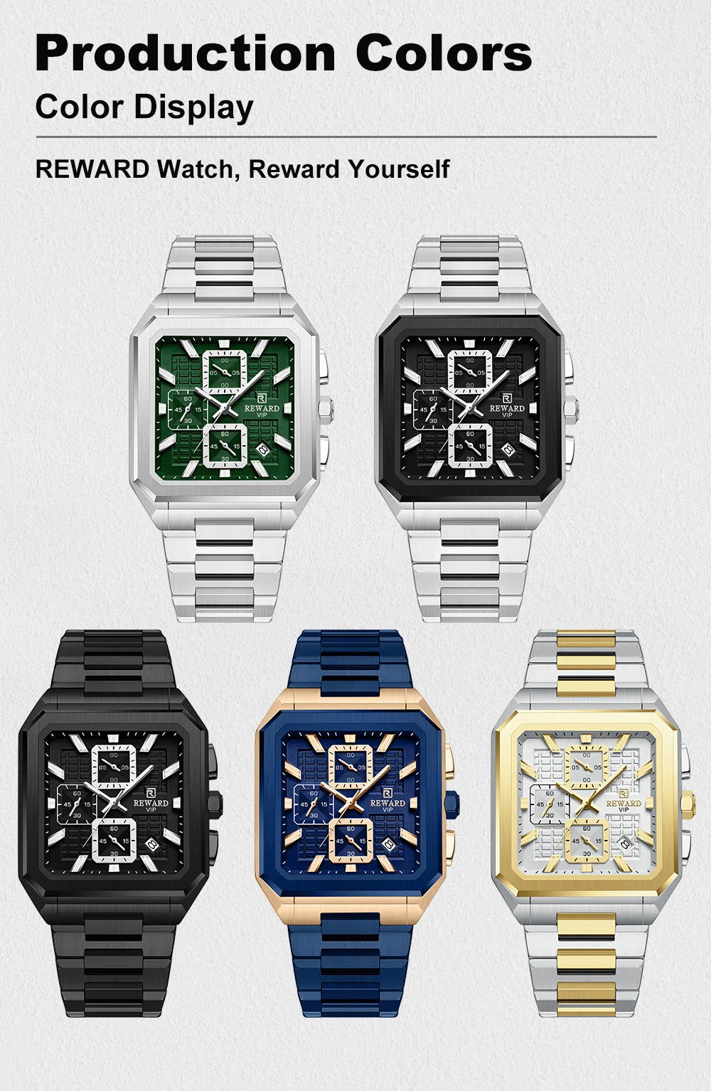 REWARD New Watch for Men High Quality Polishing Double Layered Case Square Chronograph Casual Quartz Watches Men Luxury