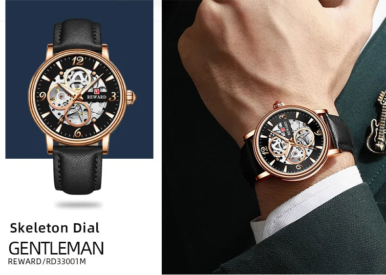 Reward Mechanical Watches Men Oem Luxury Skeleton Leather Band Mens Automatic Watch RD33001M