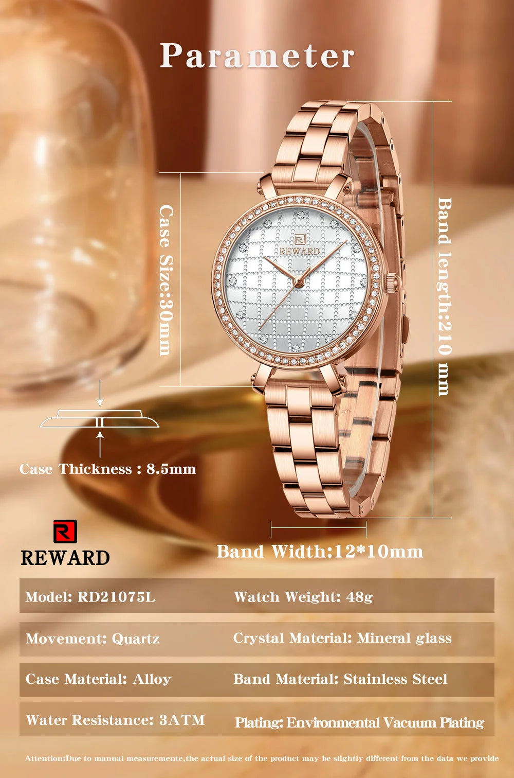 Reward 2022 New Arrival Wrist Watch Women Luxury Diamond Inlay Stainless Steel Ladies Golden Watches Wholesale Montre Acier RD21075L