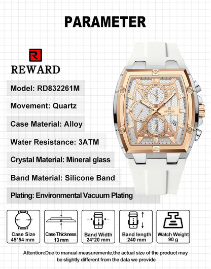 REWARD Fashion Watch Men Square Top Quality Luxury Alloy Quartz Watches Calendar Rubber Band Male Wrist Watches Factory OEM