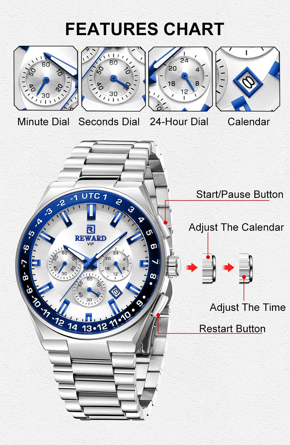 REWARD Men's Watch Luxury Chronograph Business Wristwatch Solid Stainless Steel Band High Quality Watch for Men