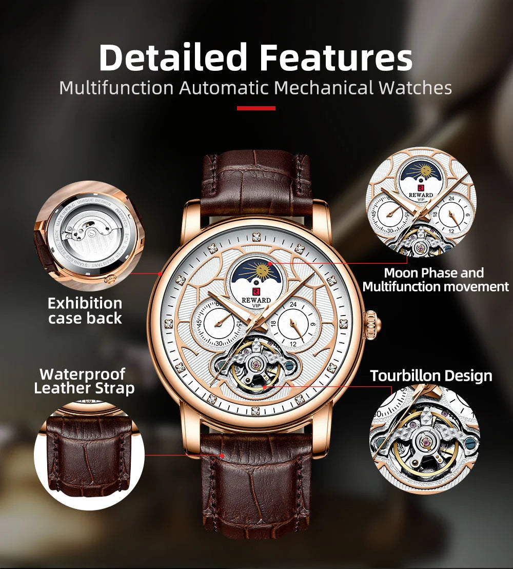 Reward Luxury men stainless steel automatic moon phase mechanical watch 2021 Custom logo casual fashion tourbillon wrist watch,RD33005M