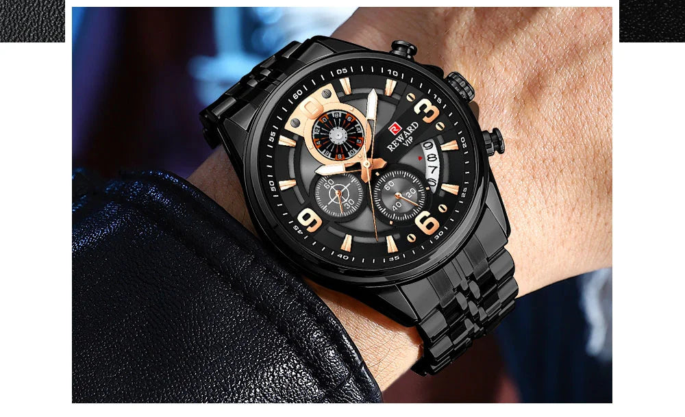 Reward In Stock Sports Watch Luxury Stainless Steel Luminous Quartz Man Watch Wholesale Oem Wristwatch Reloj,Auto Date, chronograph, Complete Calendar, Day/Date, Waterproof, Luminous, Anti-magnetic,RD81057M