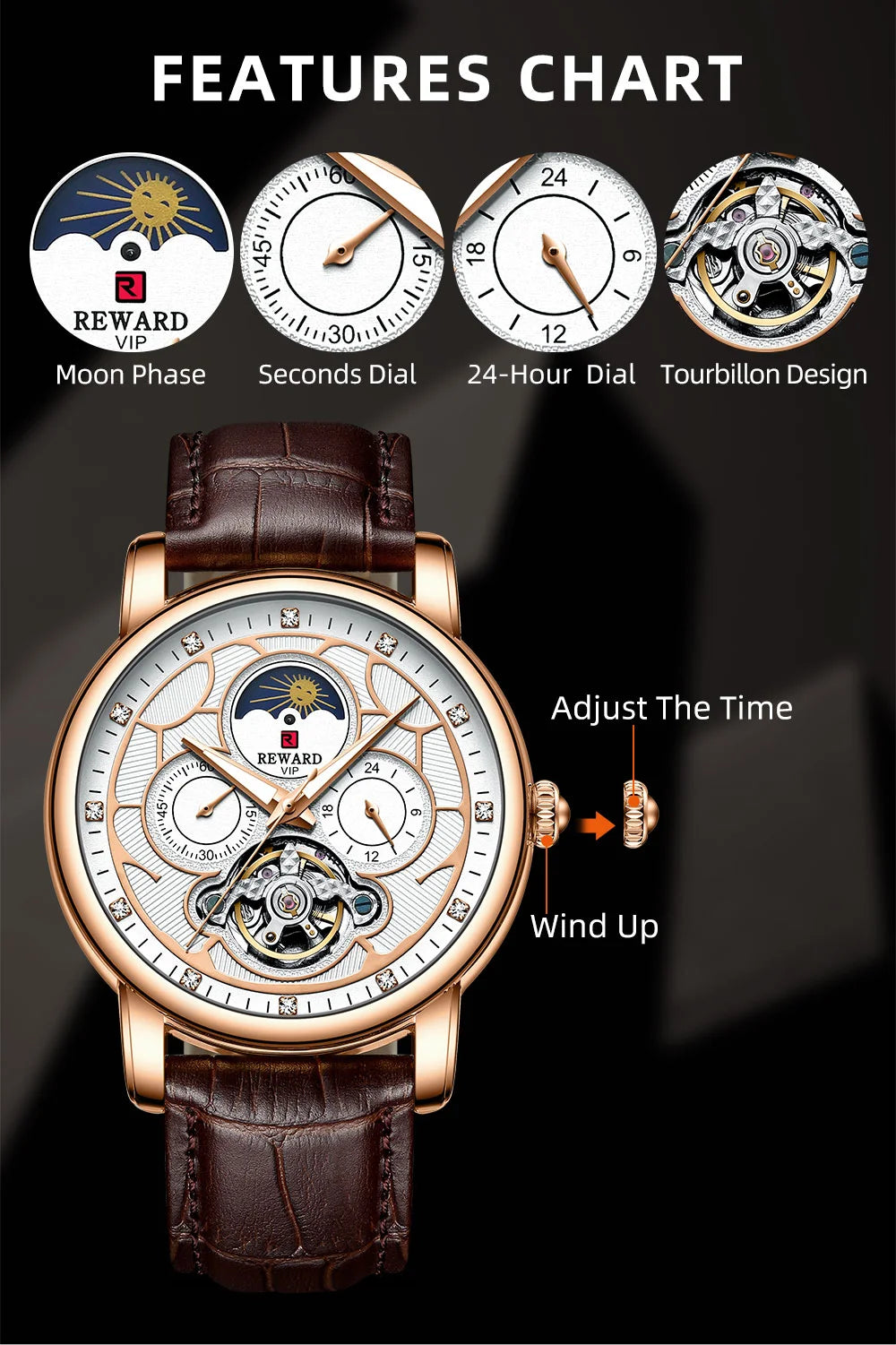 Reward Luxury men stainless steel automatic moon phase mechanical watch 2021 Custom logo casual fashion tourbillon wrist watch,RD33005M