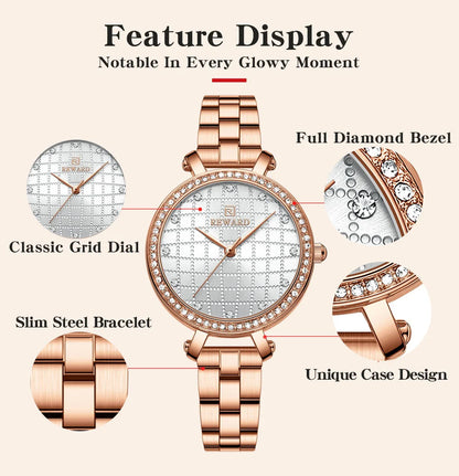 Reward 2022 New Arrival Wrist Watch Women Luxury Diamond Inlay Stainless Steel Ladies Golden Watches Wholesale Montre Acier RD21075L