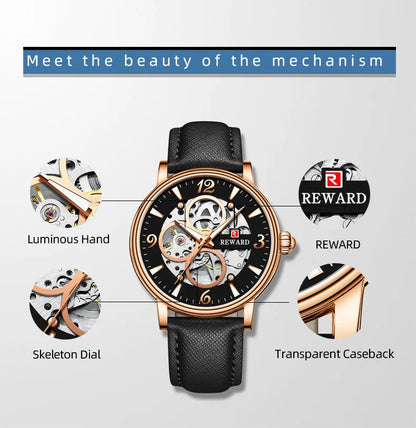 Reward Mechanical Watches Men Oem Luxury Skeleton Leather Band Mens Automatic Watch RD33001M