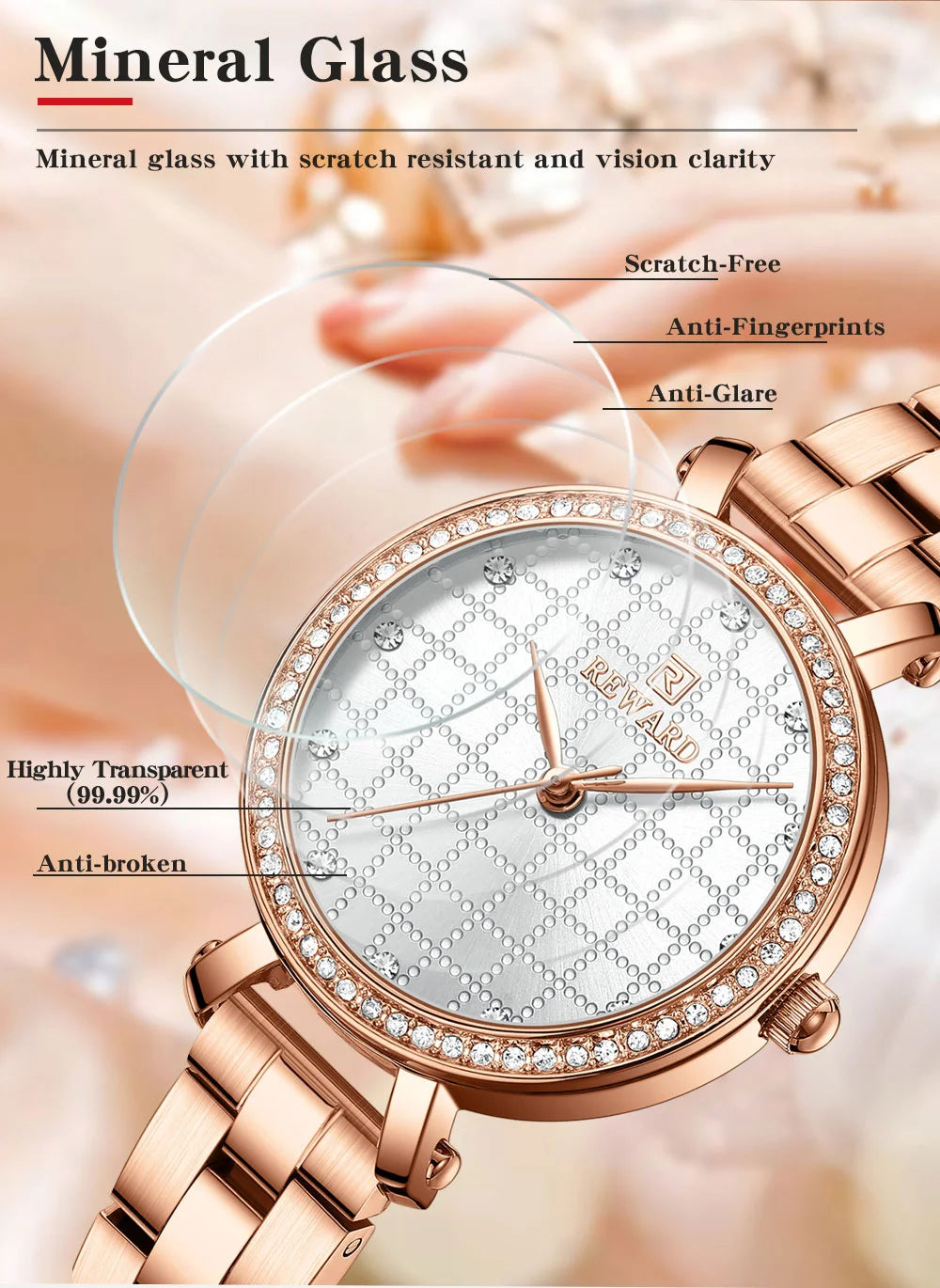 Reward 2022 New Arrival Wrist Watch Women Luxury Diamond Inlay Stainless Steel Ladies Golden Watches Wholesale Montre Acier RD21075L