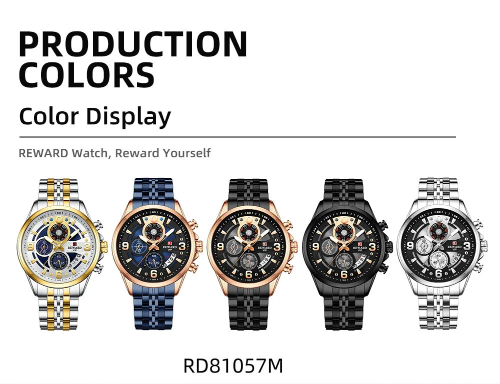 Reward In Stock Sports Watch Luxury Stainless Steel Luminous Quartz Man Watch Wholesale Oem Wristwatch Reloj,Auto Date, chronograph, Complete Calendar, Day/Date, Waterproof, Luminous, Anti-magnetic,RD81057M