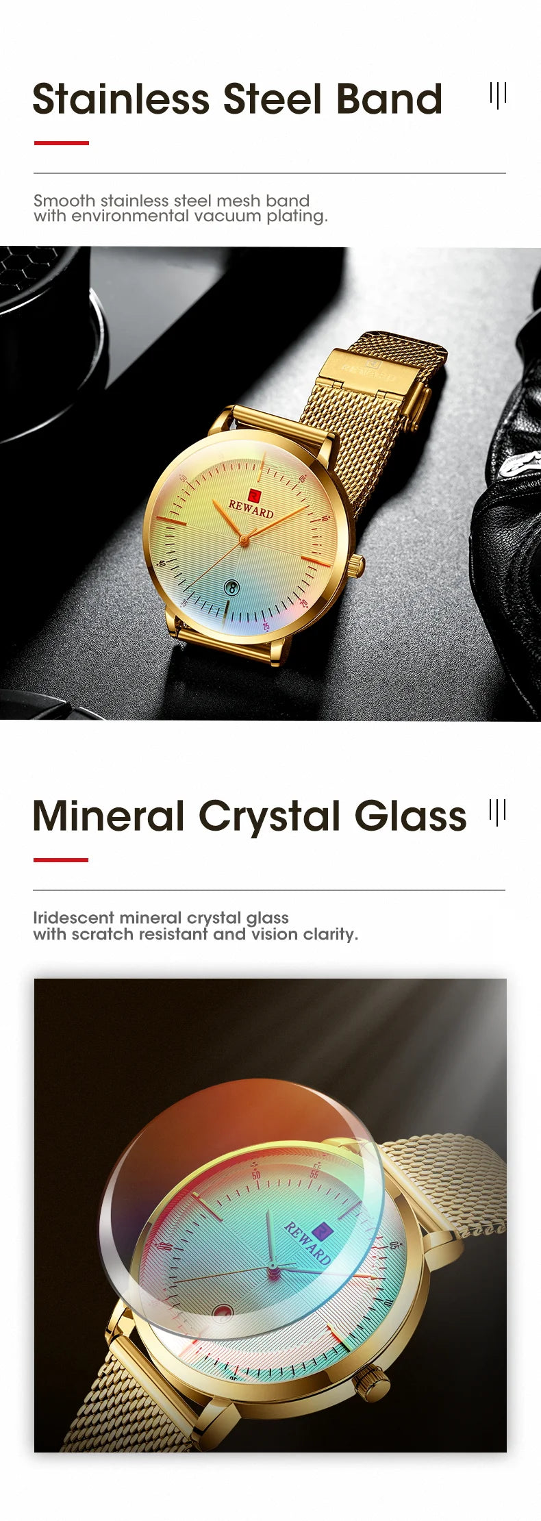 Reward Colorful Laser Changing Glass Men Watch. Featuring a vibrant, color-changing glass and a durable stainless steel strap, this watch is perfect for any sports or outdoor activities, as well as casual and formal occasions.