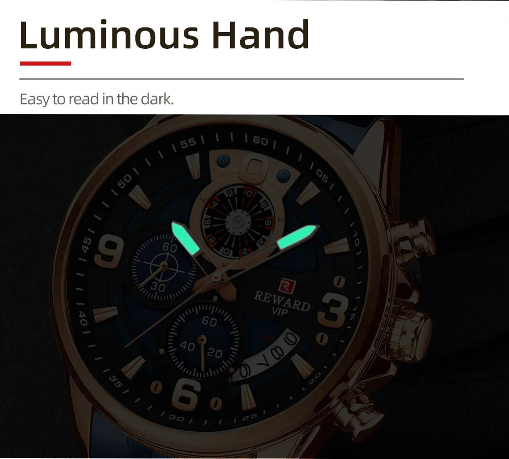 Reward In Stock Sports Watch Luxury Stainless Steel Luminous Quartz Man Watch Wholesale Oem Wristwatch Reloj,Auto Date, chronograph, Complete Calendar, Day/Date, Waterproof, Luminous, Anti-magnetic,RD81057M