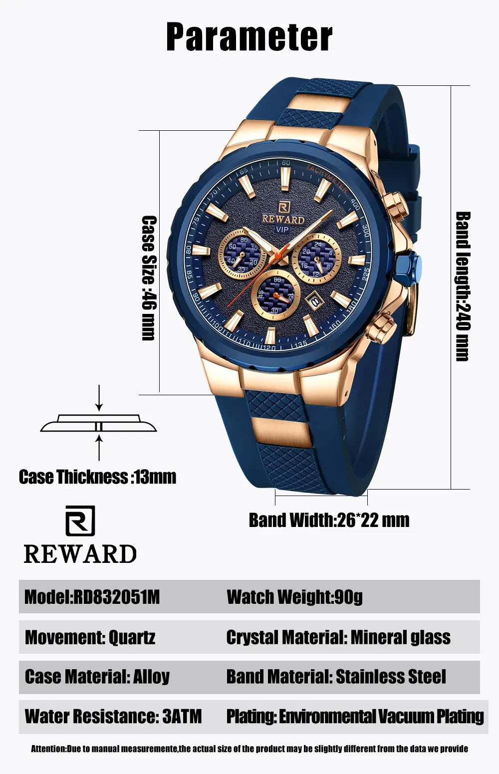 REWARD Watch for Men Casual Sport Quartz Watch Waterproof Three Eyes Fashion Men's Wristwatches