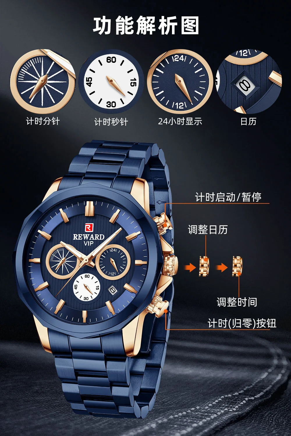Reward New Arrivals luxury golden men Original Watches China manufacturer casual fashion stainless steel quartz watches montres RD81063M