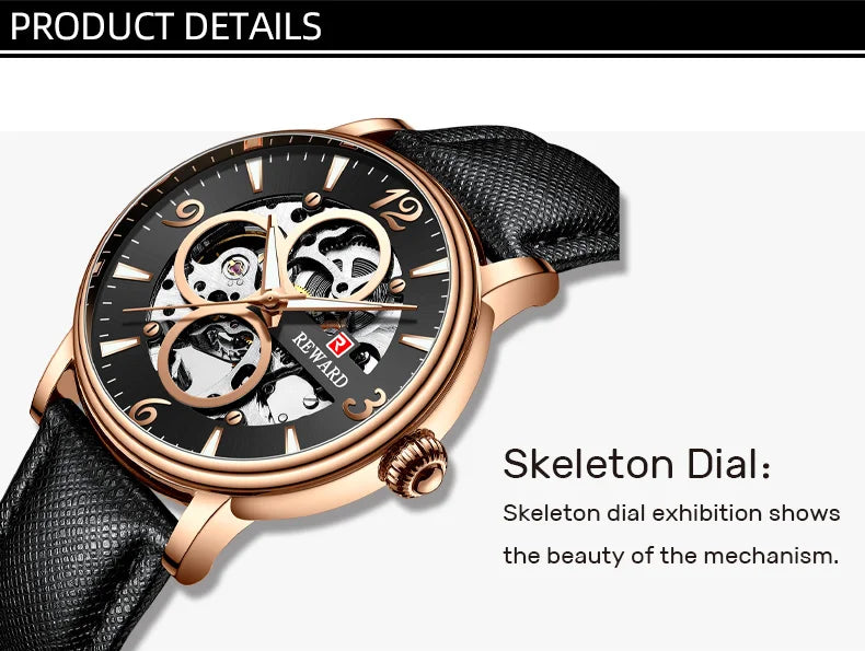 Reward Mechanical Watches Men Oem Luxury Skeleton Leather Band Mens Automatic Watch RD33001M