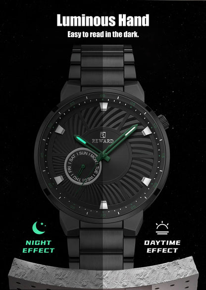 REWARD brand quartz watches for men luxury black color stainless steel quartz watches waterproof wheel custom clocks logo