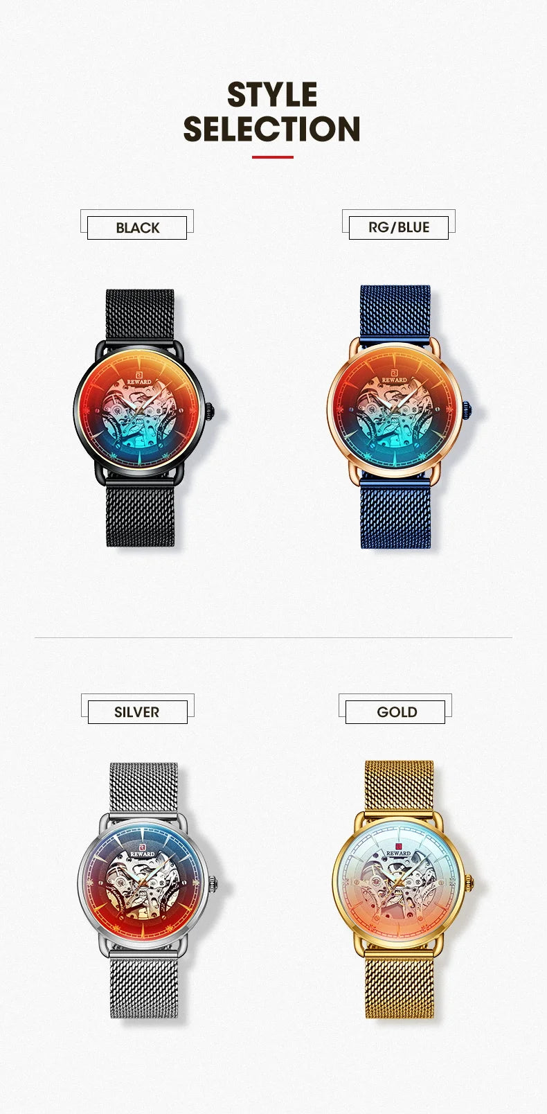 Reward Magic glass quality men stainless steel watches luxury functional automatic oem mechanical watches,RD32002M